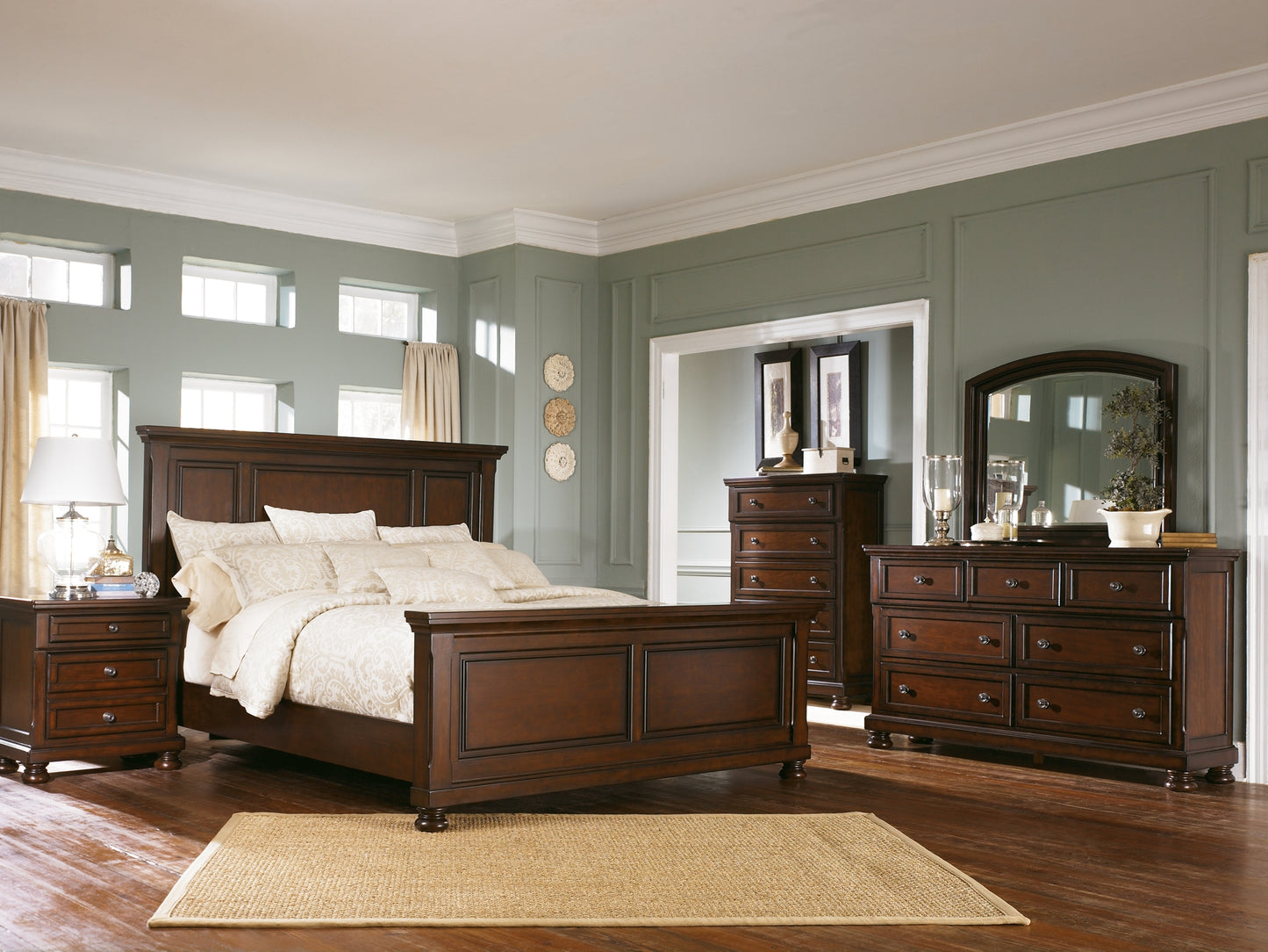 Porter California King Panel Bed with Mirrored Dresser, Chest and 2 Nightstands
