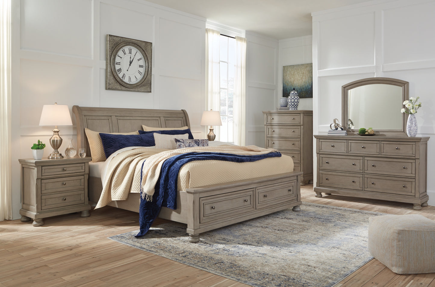 Lettner Queen Sleigh Bed with 2 Storage Drawers with Mirrored Dresser and Chest