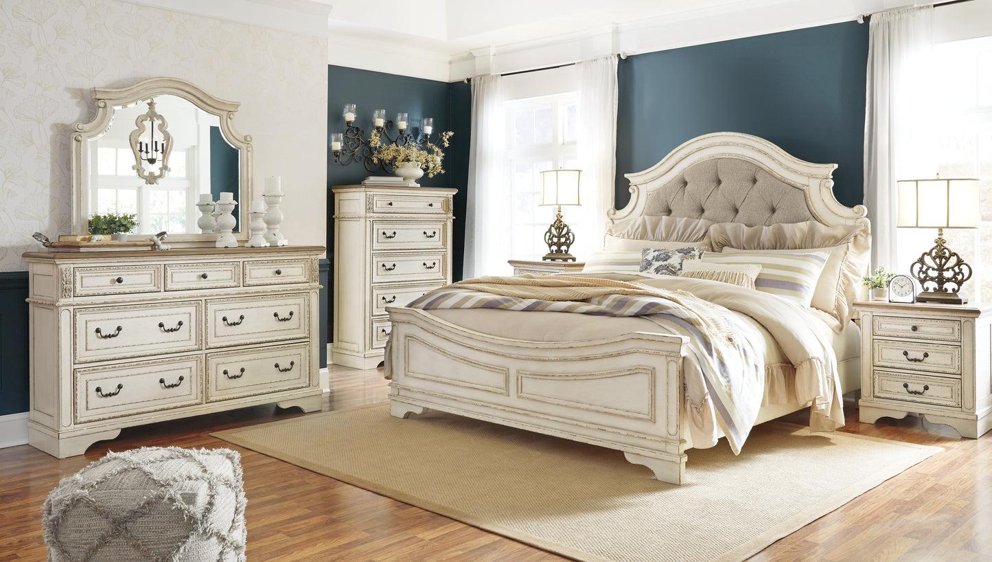 Realyn Queen Upholstered Panel Bed with Mirrored Dresser, Chest and Nightstand