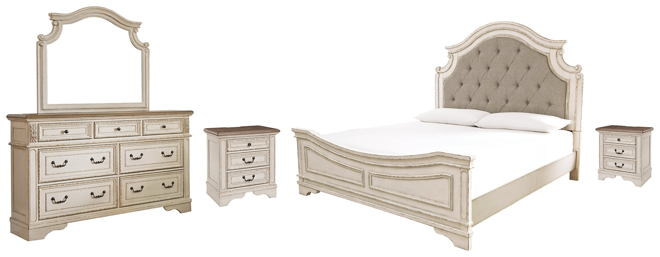 Realyn Queen Upholstered Panel Bed with Mirrored Dresser and 2 Nightstands