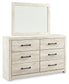 Cambeck Queen Upholstered Panel Headboard with Mirrored Dresser, Chest and 2 Nightstands
